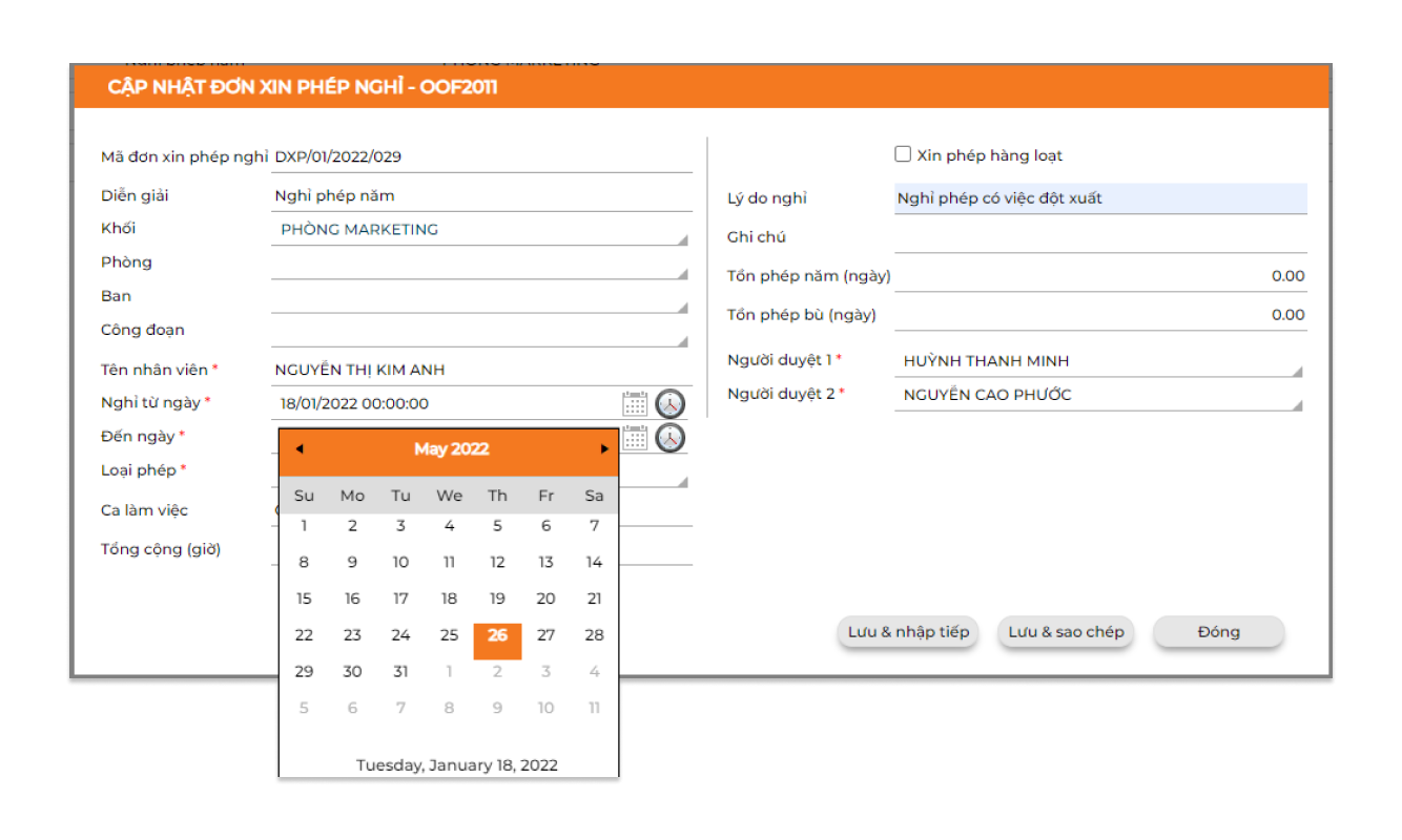 Quản lý công tác/nghỉ phép/đổi ca