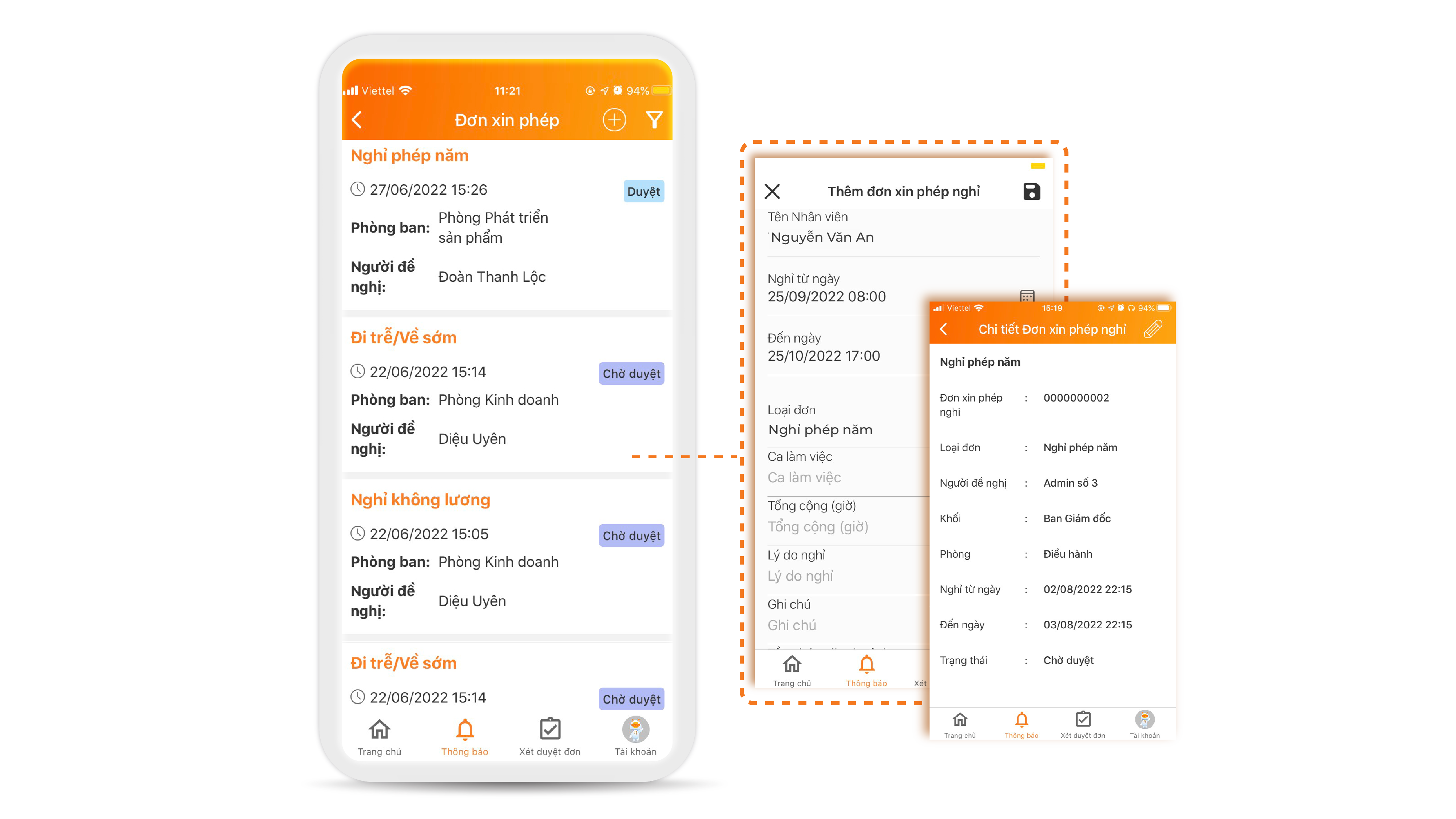 Quản lý công tác/nghỉ phép/đổi ca