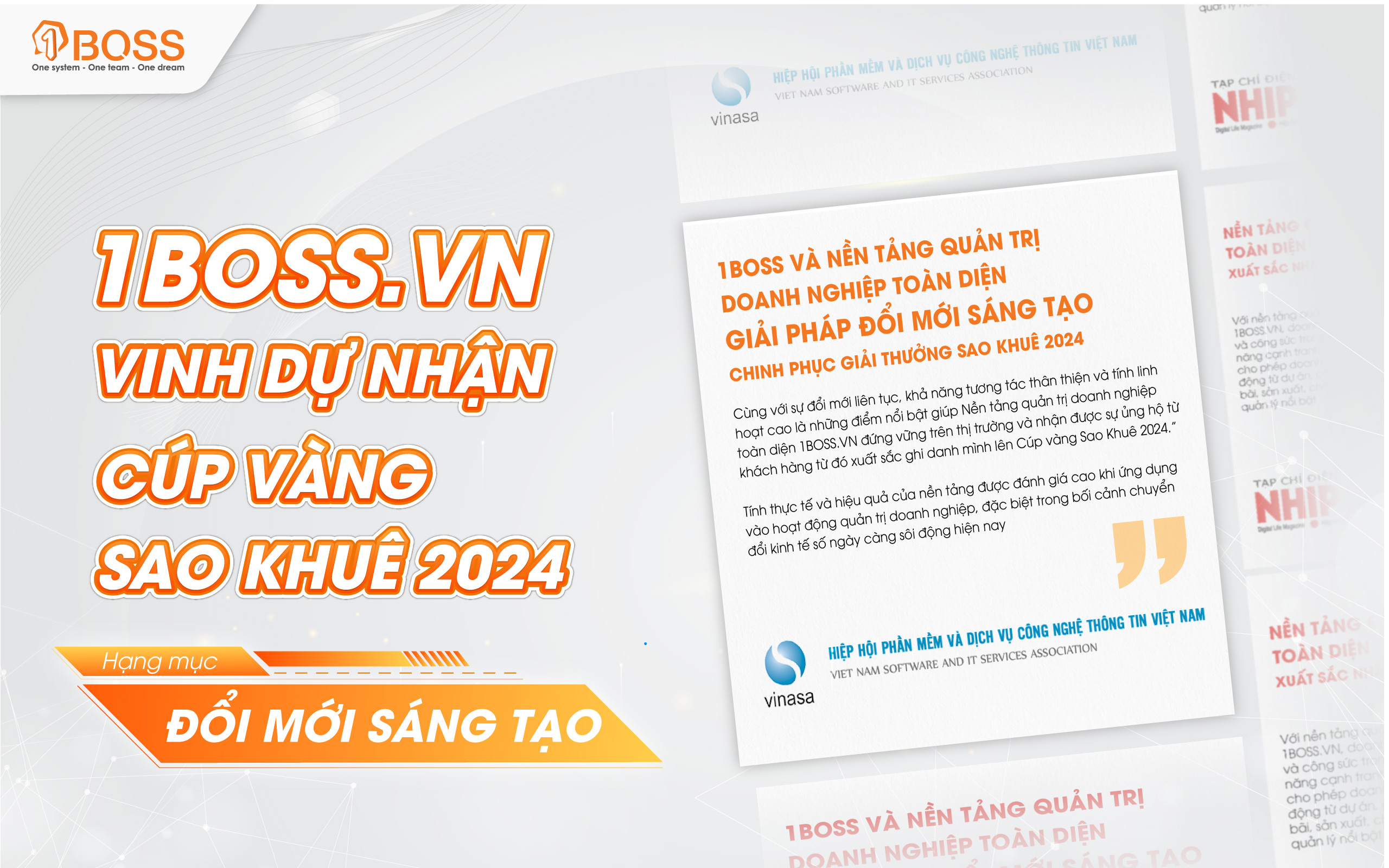 [Báo Vinasa] 1BOSS và Nền tảng quản trị doanh nghiệp toàn diện 1BOSS.VN - Giải pháp đổi mới sáng tạo chinh phục giải thưởng Sao Khuê 2024