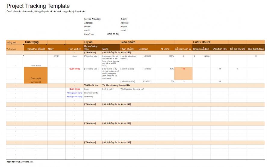 Bảng theo dõi tiến độ công việc Excel “Project Tracking Template”