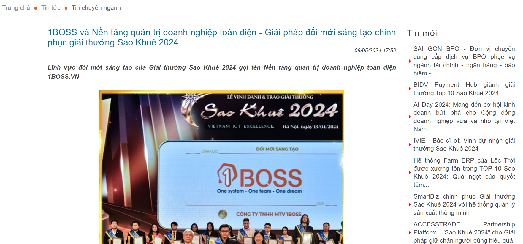 [Báo Vinasa] 1BOSS và Nền tảng quản trị doanh nghiệp toàn diện 1BOSS.VN - Giải pháp đổi mới sáng tạo chinh phục giải thưởng Sao Khuê 2024